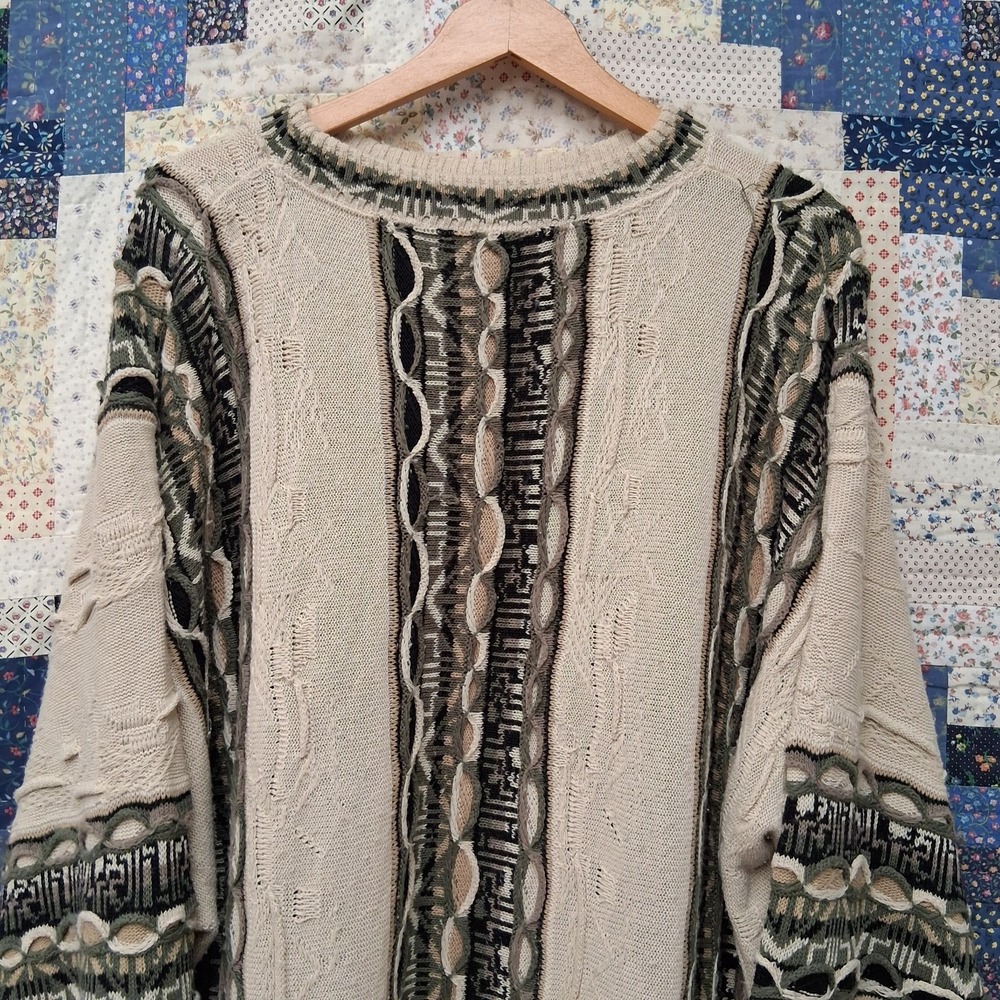 * 3D Textured Chunky Knit Coogie Style Sweater Beige Striped 2XL Oversized - Picture 2 of 9